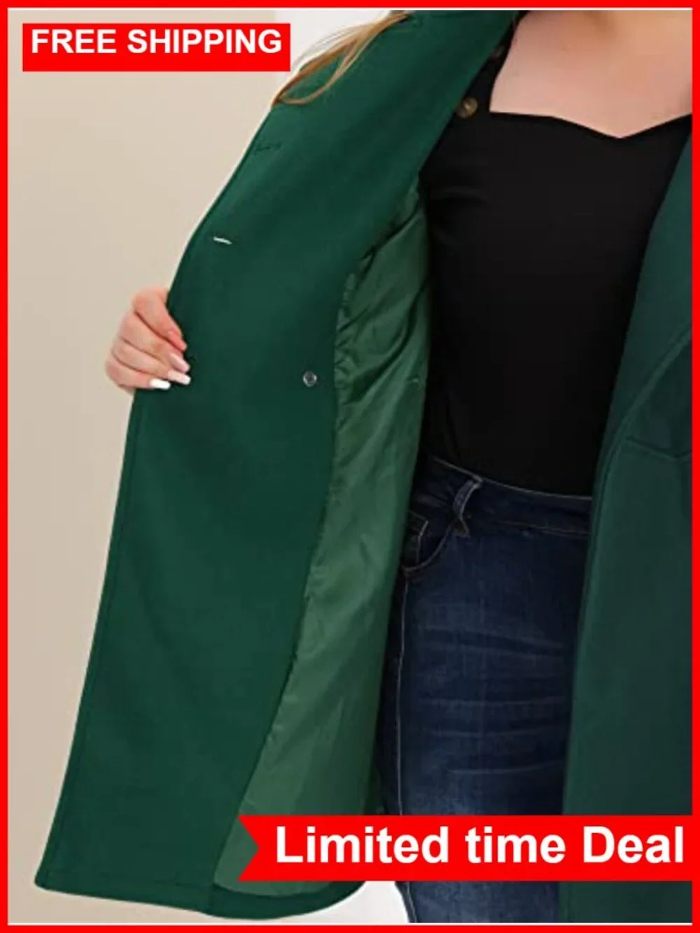 Plus Size Double Breasted A-Line Pea Coat Midi Wool Blend Winter